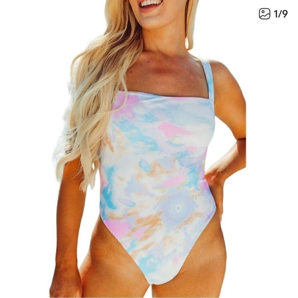 Buddy Love Keke Square Neck One Piece Swimsuit Tie Dye Large NEW